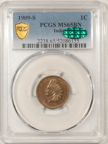 CAC Approved Coins 1909-S INDIAN CENT – PCGS MS-65 BN CAC, A PERFECT GEM! KEY-DATE! FRESH & PQ!