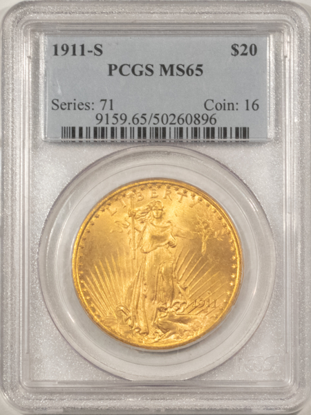 $20 1911-S $20 ST GAUDENS GOLD DOUBLE EAGLE – PCGS MS-65, ORIGINAL GEM! BETTER DATE!