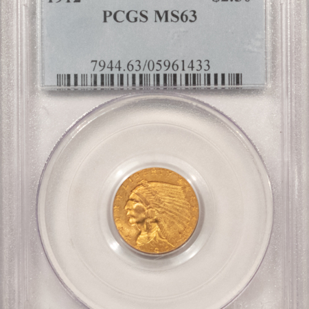 $2.50 1912 $2.50 INDIAN GOLD QUARTER EAGLE – PCGS MS-63, TOUGH DATE, PRETTY COLOR, PQ!
