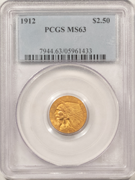 $2.50 1912 $2.50 INDIAN GOLD QUARTER EAGLE – PCGS MS-63, TOUGH DATE, PRETTY COLOR, PQ!