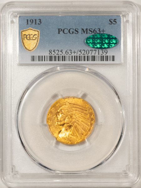 $5 1913 $5 INDIAN GOLD HALF EAGLE – PCGS MS-63+ CAC APPROVED! NICER THAN MOST 64s