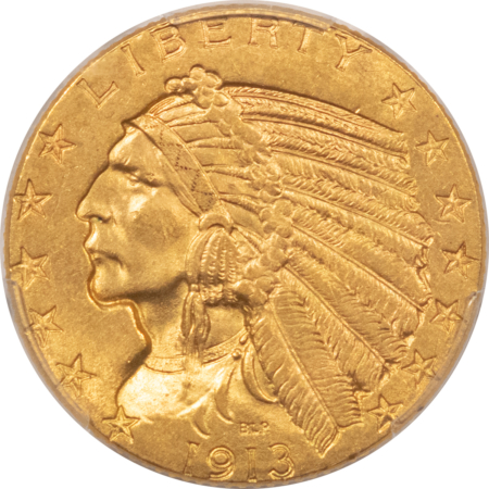 $5 1913 $5 INDIAN GOLD HALF EAGLE – PCGS MS-63, CAC APPROVED!