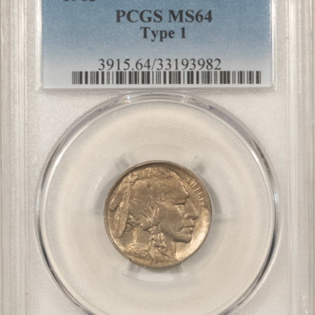 Buffalo Nickels 1913 BUFFALO NICKEL, TYPE 1 – PCGS MS-64 NICE ORIGINAL!