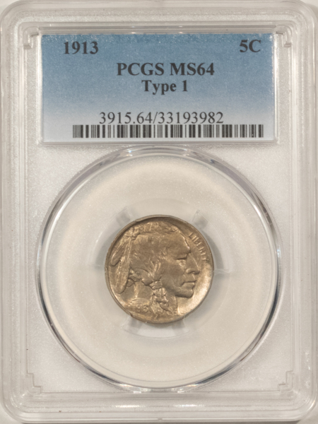 Buffalo Nickels 1913 BUFFALO NICKEL, TYPE 1 – PCGS MS-64 NICE ORIGINAL!