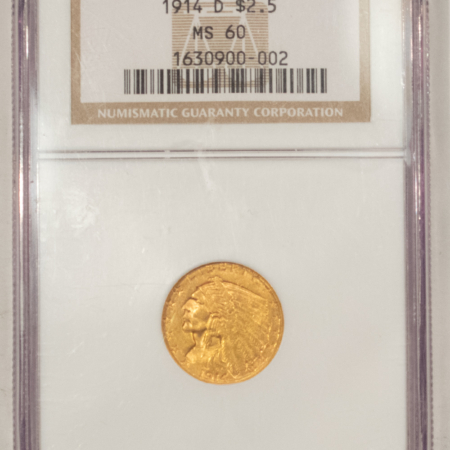 $2.50 1914-D $2.50 INDIAN GOLD QUARTER EAGLE – NGC MS-60, BETTER DATE!