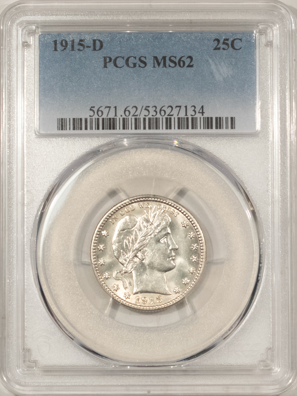 Barber Quarters 1915-D BARBER QUARTER – PCGS MS-62, FLASHY WHITE! Barber Quarters 1915-D BARBER QUARTER – PCGS MS-62, FLASHY WHITE!