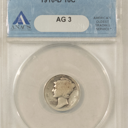Dimes 1916-D MERCURY DIME – ANACS AG-3, WHOLESOME! NICE FOR THE GRADE! KEY-DATE!