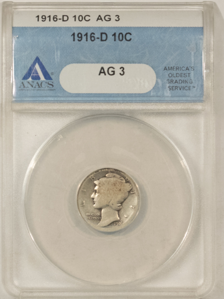 Dimes 1916-D MERCURY DIME – ANACS AG-3, WHOLESOME! NICE FOR THE GRADE! KEY-DATE!