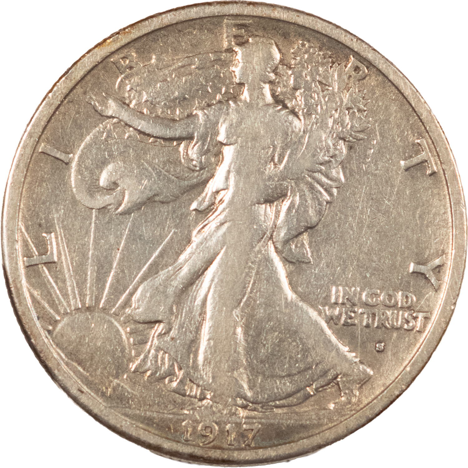 Half Dollars 1917-S OBVERSE WALKING LIBERTY HALF DOLLAR – HIGH GRADE CIRCULATED, OLD CLEANING Half Dollars 1917-S OBVERSE WALKING LIBERTY HALF DOLLAR – HIGH GRADE CIRCULATED, OLD CLEANING