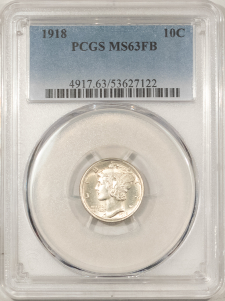 Dimes 1918 MERCURY DIME – PCGS MS-63 FB, WHITE & CHOICE!