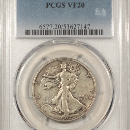Half Dollars 1919 WALKING LIBERTY HALF DOLLAR – PCGS VF-20, SUPER ORIGINAL!