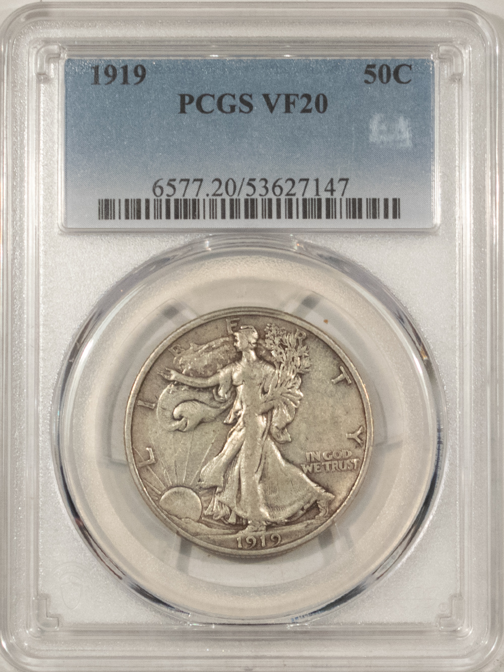 Half Dollars 1919 WALKING LIBERTY HALF DOLLAR – PCGS VF-20, SUPER ORIGINAL! Half Dollars 1919 WALKING LIBERTY HALF DOLLAR – PCGS VF-20, SUPER ORIGINAL!