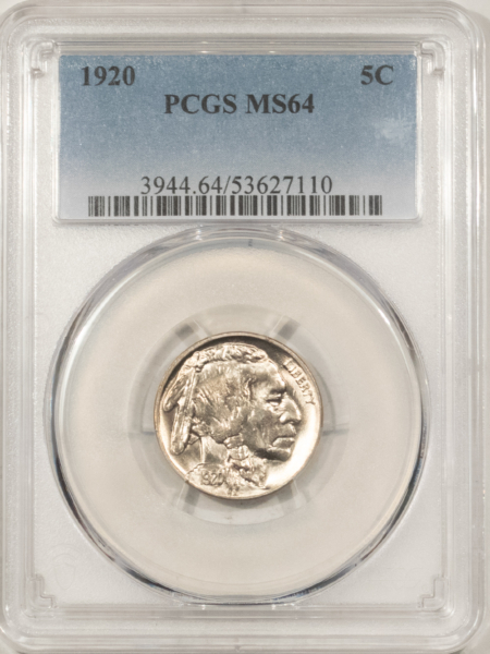 Buffalo Nickels 1920 BUFFALO NICKEL – PCGS MS-64, BLAZING LUSTER, PREMIUM QUALITY!