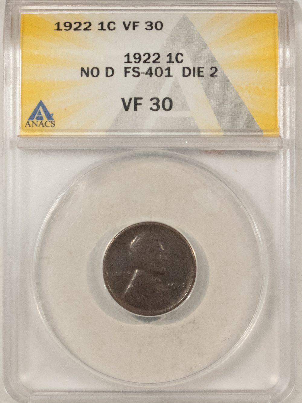 Lincoln Cents (Wheat) 1922 NO D LINCOLN CENT, STRONG REVERSE – ANACS VF-30, KEY-DATE! Lincoln Cents (Wheat) 1922 NO D LINCOLN CENT, STRONG REVERSE – ANACS VF-30, KEY-DATE!