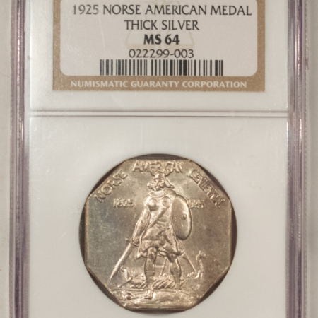 Early Commems 1925 NORSE AMERICAN MEDAL THICK SILVER – NGC MS-64, PREMIUM QUALITY! LOOKS GEM!