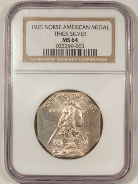 Early Commems 1925 NORSE AMERICAN MEDAL THICK SILVER – NGC MS-64, PREMIUM QUALITY! LOOKS GEM!