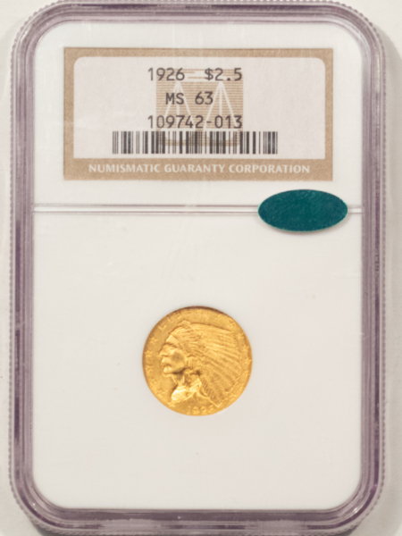 $2.50 1926 $2.50 INDIAN GOLD QUARTER EAGLE – NGC MS-63, CAC APPROVED!
