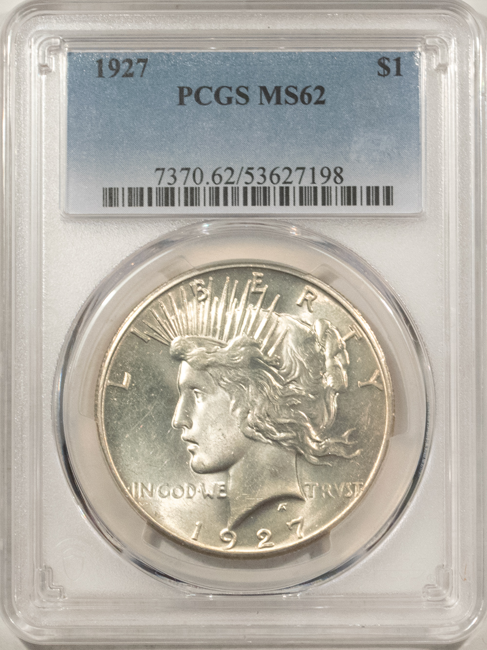 Dollars 1927 $1 PEACE DOLLAR – PCGS MS-62 BLAST WHITE & MARK FREE! Dollars 1927 $1 PEACE DOLLAR – PCGS MS-62 BLAST WHITE & MARK FREE!