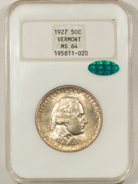CAC Approved Coins 1927 VERMONT COMMEMORATIVE HALF DOLLAR – NGC MS-64 CAC, FATTIE HOLDER, LOOKS 65+