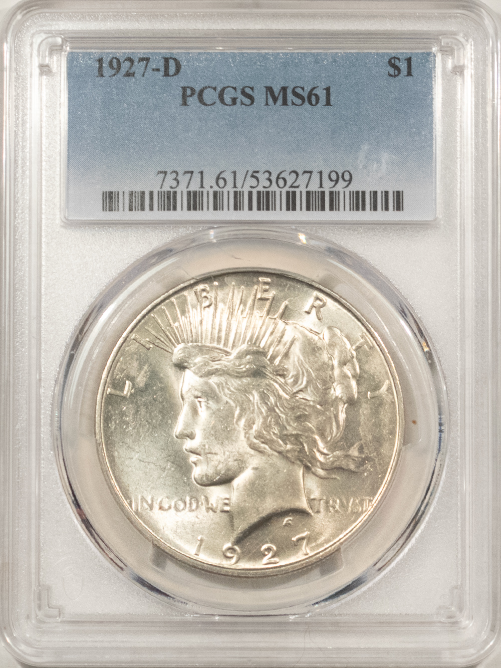 Dollars 1927-D $1 PEACE DOLLAR – PCGS MS-61 WHITE & FLASHY Dollars 1927-D $1 PEACE DOLLAR – PCGS MS-61 WHITE & FLASHY