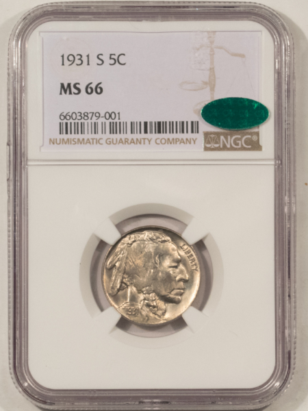 Buffalo Nickels 1931-S BUFFALO NICKEL – NGC MS-66, BLAZING & SUPERB! CAC APPROVED!