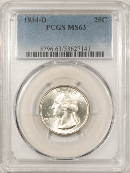 New Certified Coins 1934-D WASHINGTON QUARTER – PCGS MS-63, WHITE & CHOICE!