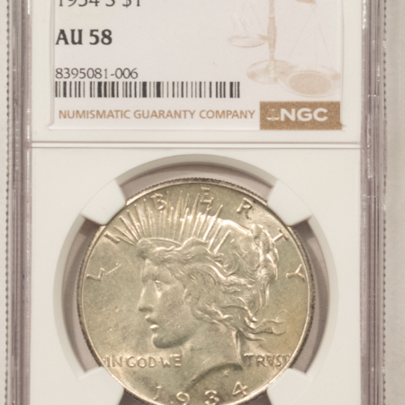 Dollars 1934-S $1 PEACE DOLLAR – NGC AU-58 LUSTROUS ATTRACTIVE KEY-DATE!