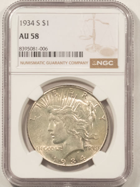 Dollars 1934-S $1 PEACE DOLLAR – NGC AU-58 LUSTROUS ATTRACTIVE KEY-DATE!