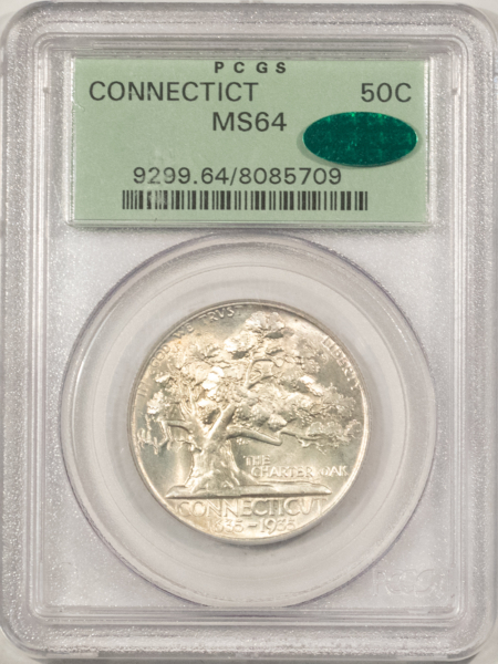 CAC Approved Coins 1935 CONNECTICUT COMMEMORATIVE HALF DOLLAR – PCGS MS-64, OGH, PQ+, CAC APPROVED!