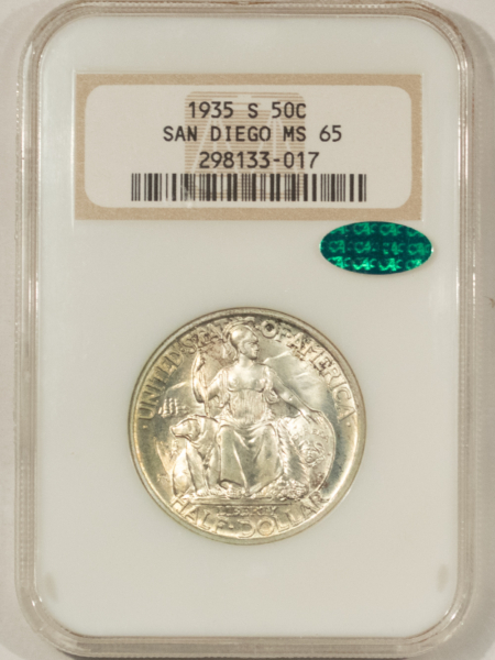 CAC Approved Coins 1935-S SAN DIEGO COMMEMORATIVE HALF DOLLAR NGC MS-65 PQ OLD FATTIE! CAC APPROVED