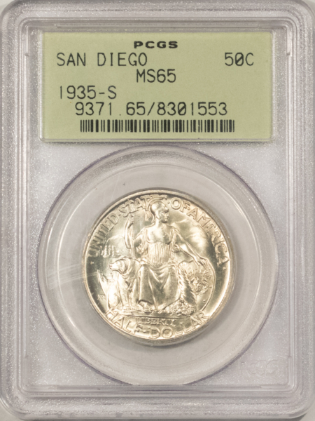Early Commems 1935-S SAN DIEGO COMMEMORATIVE HALF DOLLAR – PCGS MS-65, OLD GREEN HOLDER & PQ!