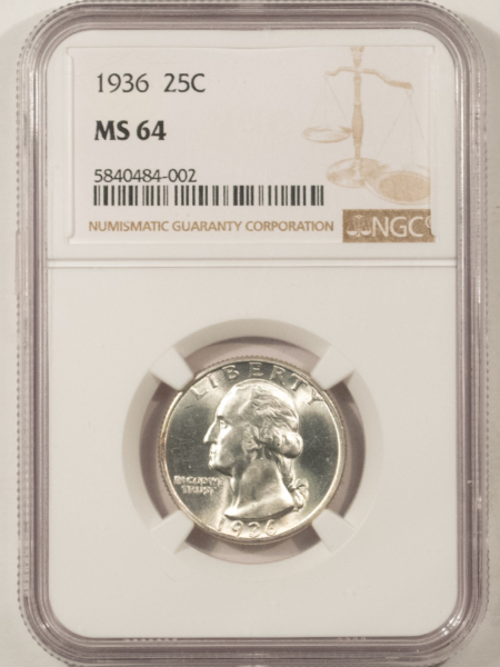 New Certified Coins 1936 WASHINGTON QUARTER – NGC MS-64, FRESH WHITE!