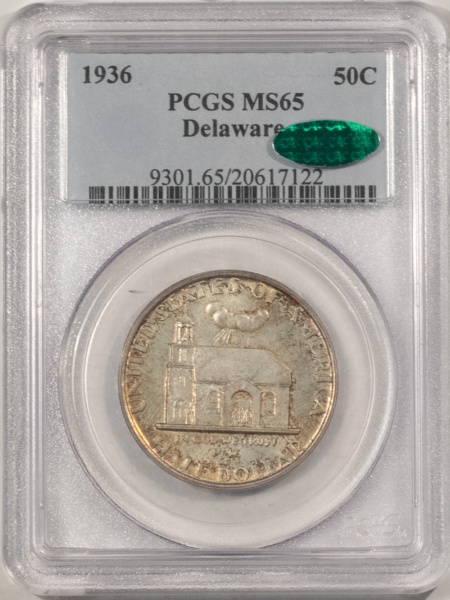 CAC Approved Coins 1936 DELAWARE COMMEMORATIVE HALF DOLLAR – PCGS MS-65, ORIG PQ GEM, CAC APPROVED!