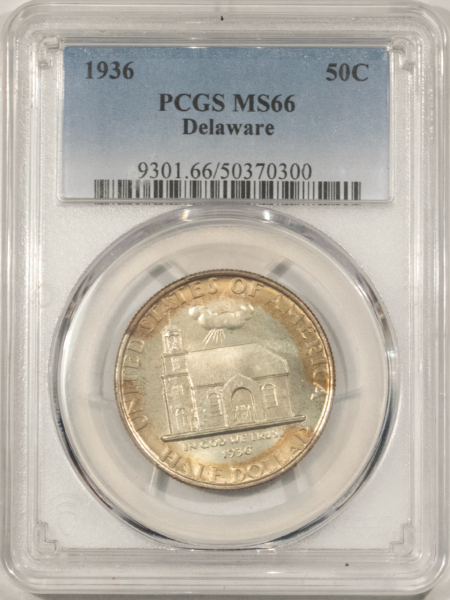Early Commems 1936 DELAWARE COMMEMORATIVE HALF DOLLAR – PCGS MS-66, PRETTY ORIGINAL TAB TONED!