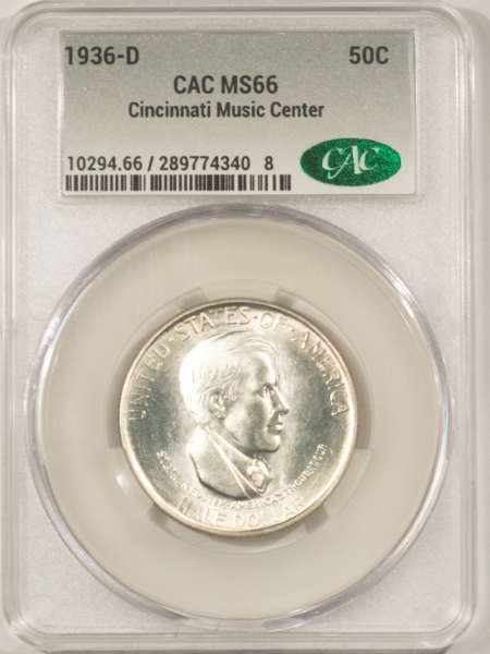 CAC Approved Coins 1936-D CINCINNATI COMMEMORATIVE HALF DOLLAR – CACG MS-66, LUSTROUS, PQ, CAC!