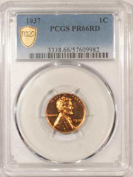 Lincoln Cents (Wheat) 1937 PROOF LINCOLN CENT – PCGS PR-66 RD, SPARKLING SUPERB GEM!