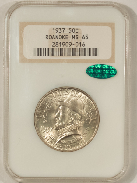CAC Approved Coins 1937 ROANOKE COMMEMORATIVE HALF DOLLAR – NGC MS-65 FATTIE! PQ! CAC APPROVED!