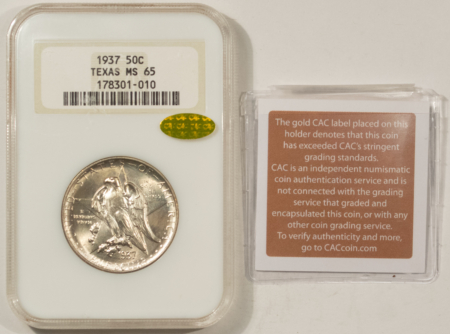 CAC Approved Coins 1937 TEXAS COMMEMORATIVE HALF DOLLAR NGC MS-65 GOLD CAC! FATTIE HOLDER, LOOKS 67