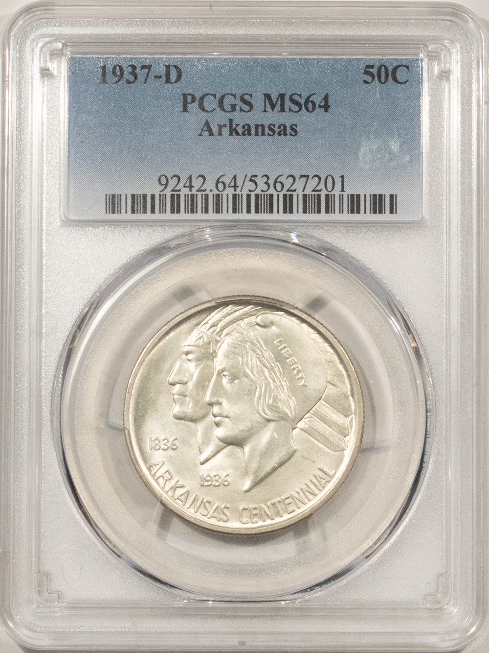 Early Commems 1937-D ARKANSAS COMMEMORATIVE HALF DOLLAR – PCGS MS-64 WHITE & FLASHY Early Commems 1937-D ARKANSAS COMMEMORATIVE HALF DOLLAR – PCGS MS-64 WHITE & FLASHY