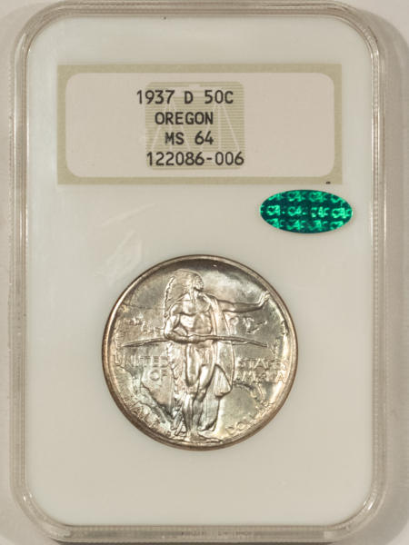 CAC Approved Coins 1937-D OREGON COMMEMORATIVE HALF DOLLAR NGC MS-64 CAC, GOLD EMBOSSED FATTIE PQ++
