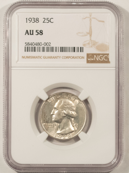 New Certified Coins 1938 WASHINGTON QUARTER – NGC AU-58, TOUGH!