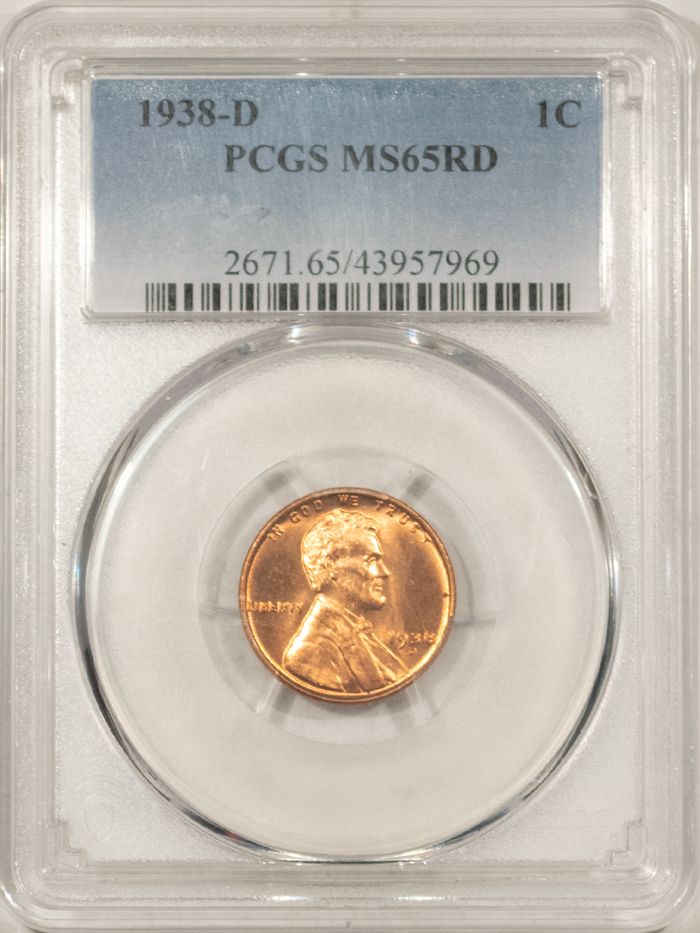 1938-D LINCOLN CENT – PCGS MS-65 RD FLASHY RED GEM! 1938-D LINCOLN CENT – PCGS MS-65 RD FLASHY RED GEM!