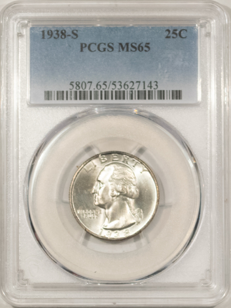 New Certified Coins 1938-S WASHINGTON QUARTER – PCGS MS-65, FRESH WHITE GEM!