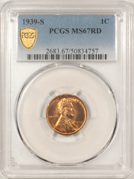 Lincoln Cents (Wheat) 1939-S LINCOLN CENT – PCGS MS-67 RD FIERY RED SUPERB GEM!