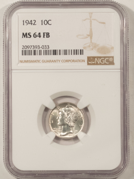 Dimes 1942 MERCURY DIME – NGC MS-64 FB, WHITE!