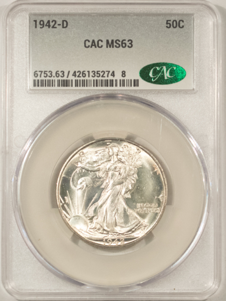 CAC Approved Coins 1942-D WALKING LIBERTY HALF DOLLAR – CACG MS-63, CAC APPROVED!