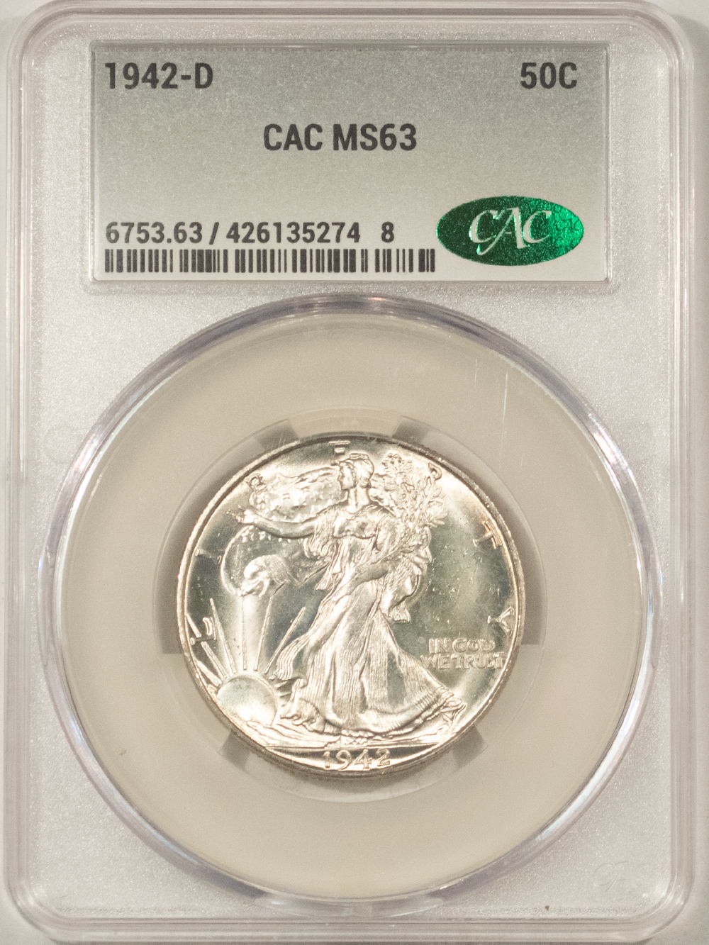 CAC Approved Coins 1942-D WALKING LIBERTY HALF DOLLAR – CACG MS-63, CAC APPROVED! CAC Approved Coins 1942-D WALKING LIBERTY HALF DOLLAR – CACG MS-63, CAC APPROVED!