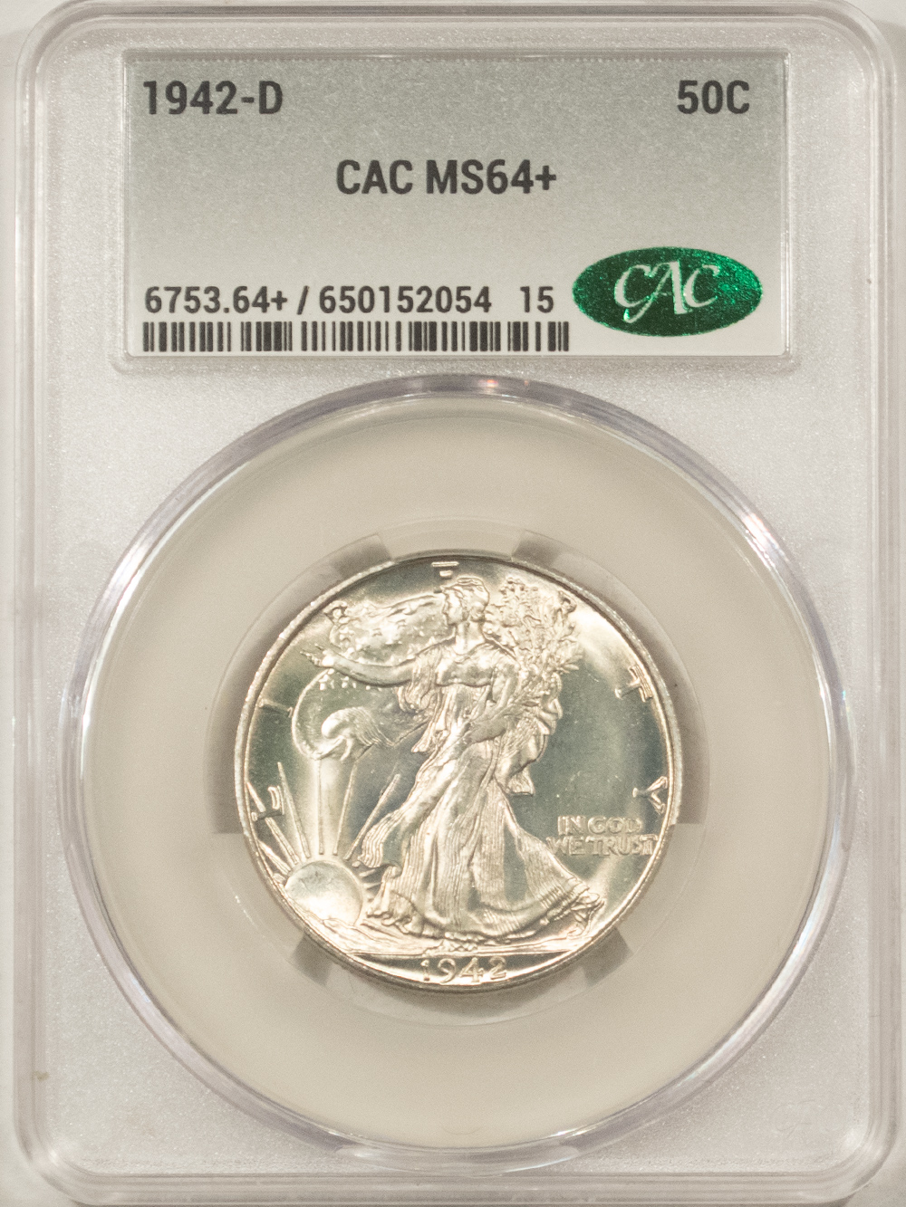CAC Approved Coins 1942-D WALKING LIBERTY HALF DOLLAR – CACG MS-64+, CAC APPROVED! CAC Approved Coins 1942-D WALKING LIBERTY HALF DOLLAR – CACG MS-64+, CAC APPROVED!