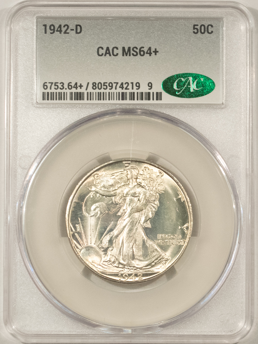 CAC Approved Coins 1942-D WALKING LIBERTY HALF DOLLAR – CACG MS-64+, CAC APPROVED! CAC Approved Coins 1942-D WALKING LIBERTY HALF DOLLAR – CACG MS-64+, CAC APPROVED!
