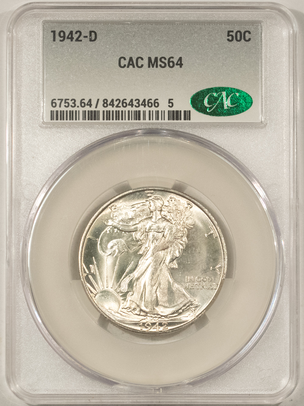 Half Dollars 1942-D WALKING LIBERTY HALF DOLLAR – CACG MS-64, CAC APPROVED! Half Dollars 1942-D WALKING LIBERTY HALF DOLLAR – CACG MS-64, CAC APPROVED!